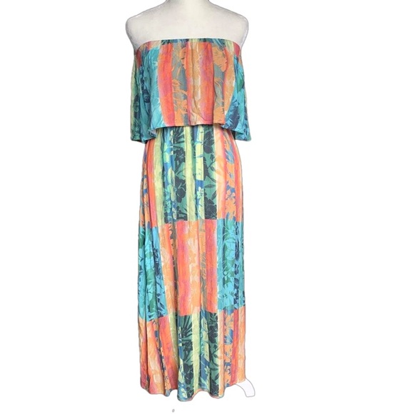 O'Neill Koia Multi Colored Tropical Strapless Off The Shoulder Midi Slit Dress - Picture 4 of 13
